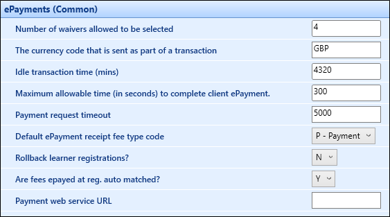 ePayments (Common) institution settings screen